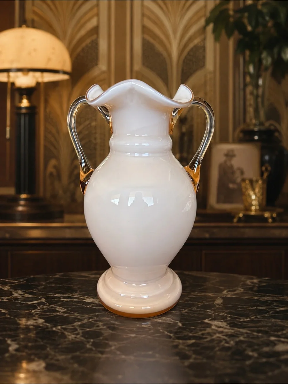 Antique 1920s–1930s Czechoslovakian Art Glass Vase Blush Pink Ruffled Double Han